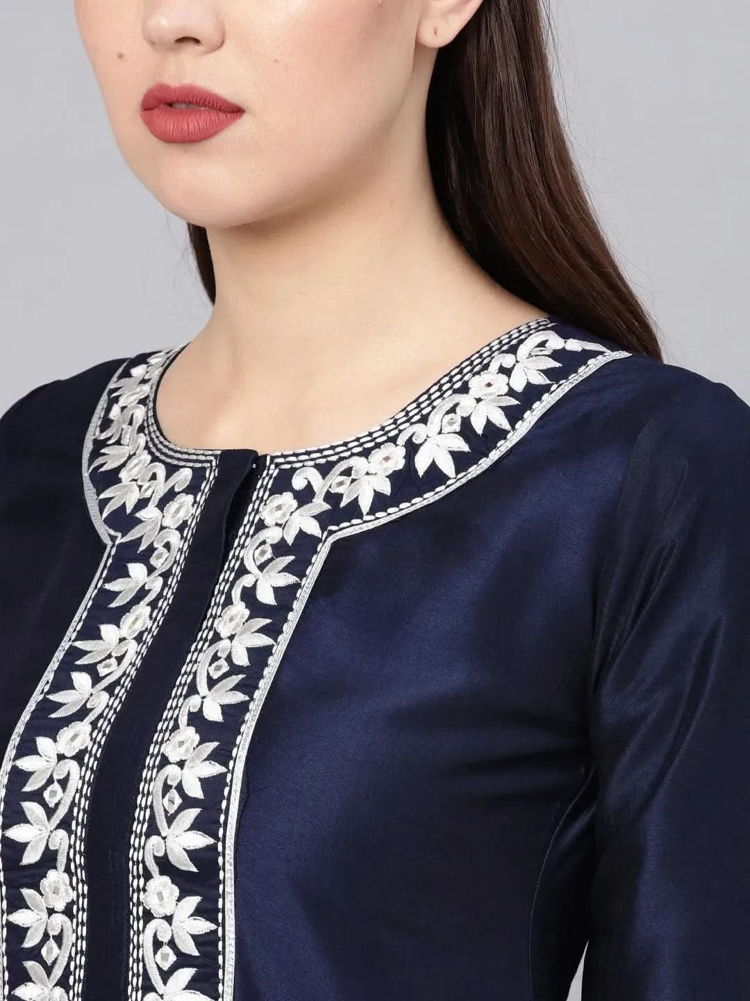 Navy Blue Embroidered Silk Kurta Set - Libas 