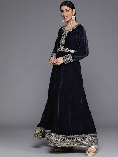 Navy Blue Embroidered Velvet Anarkali Suit Set - Libas