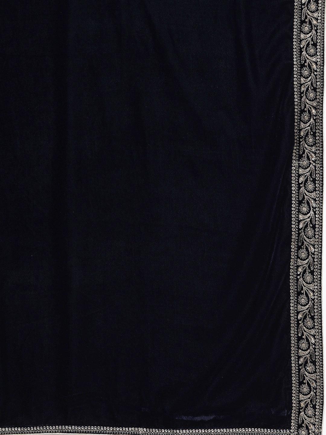 Navy Blue Embroidered Velvet Anarkali Suit Set - Libas