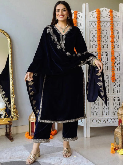 Navy Blue Embroidered Velvet Straight Suit Set - Libas