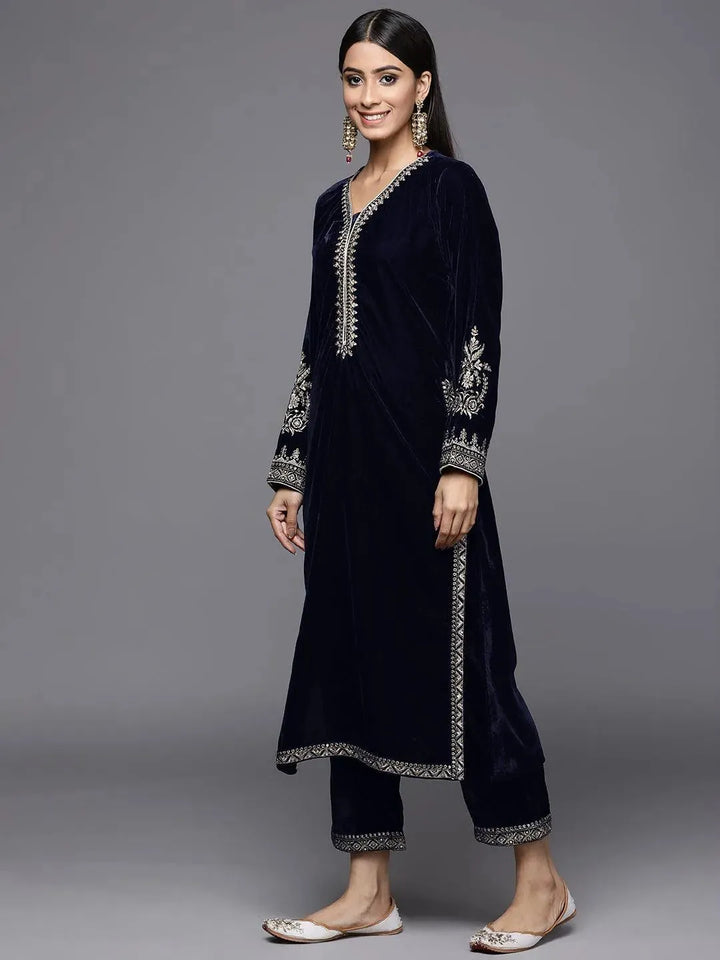 Navy Blue Embroidered Velvet Straight Suit Set - Libas