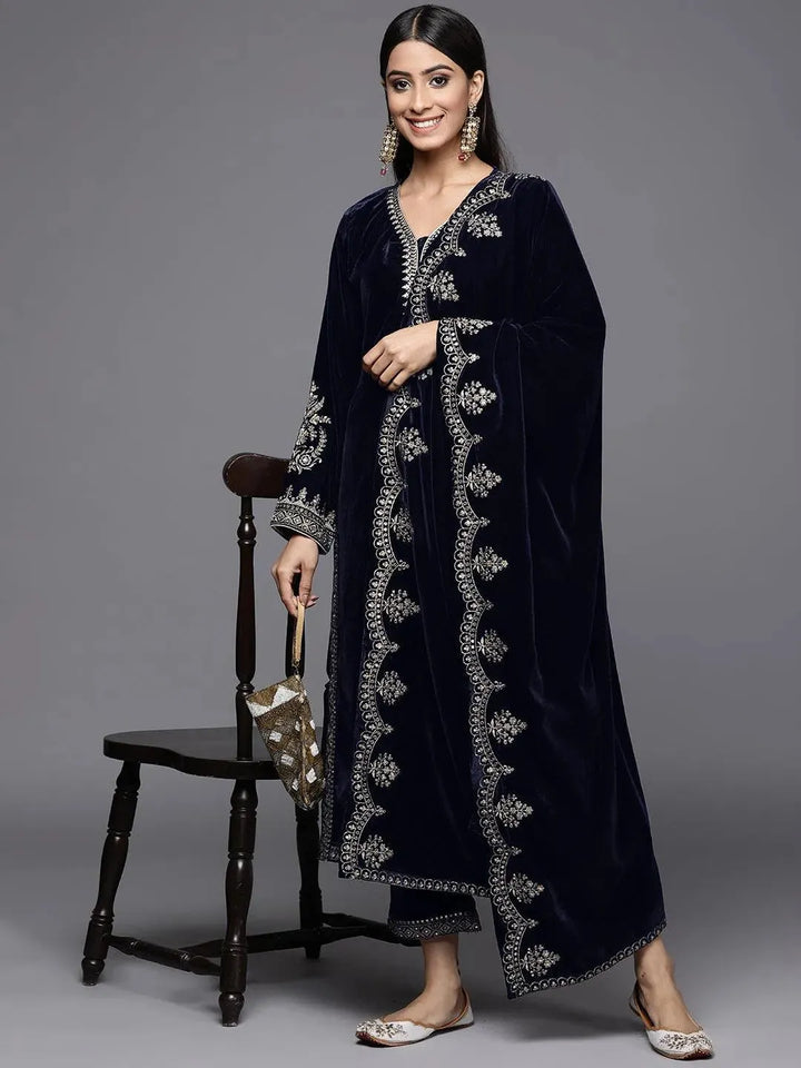 Navy Blue Embroidered Velvet Straight Suit Set - Libas