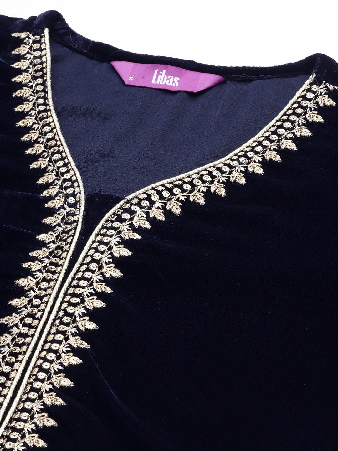 Navy Blue Embroidered Velvet Straight Kurta With Trousers & Dupatta