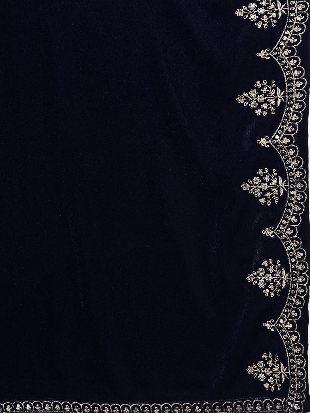 Navy Blue Embroidered Velvet Straight Kurta With Trousers & Dupatta