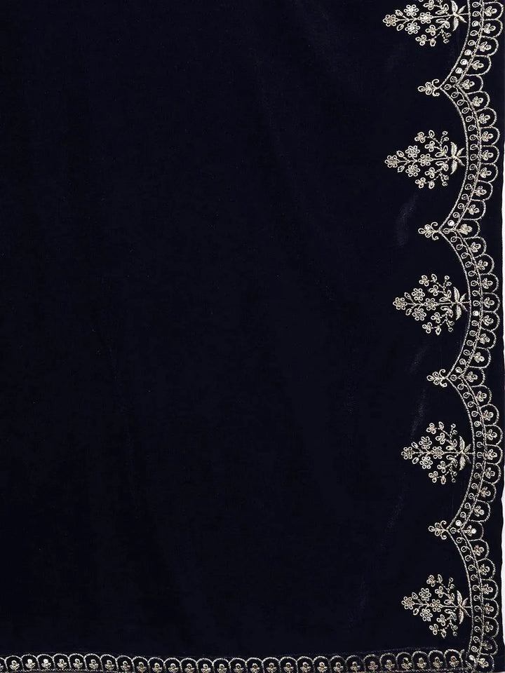 Navy Blue Embroidered Velvet Straight Suit Set - Libas