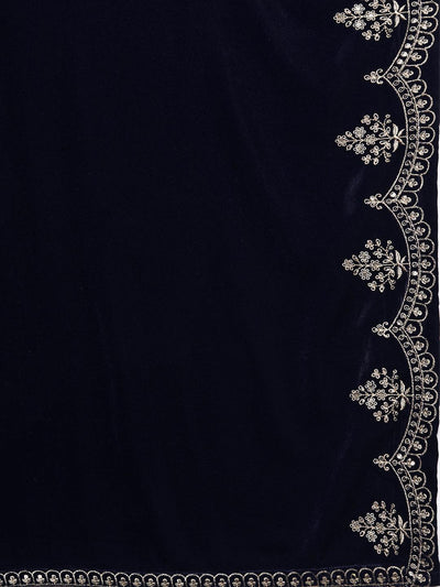Navy Blue Embroidered Velvet Straight Suit Set - Libas
