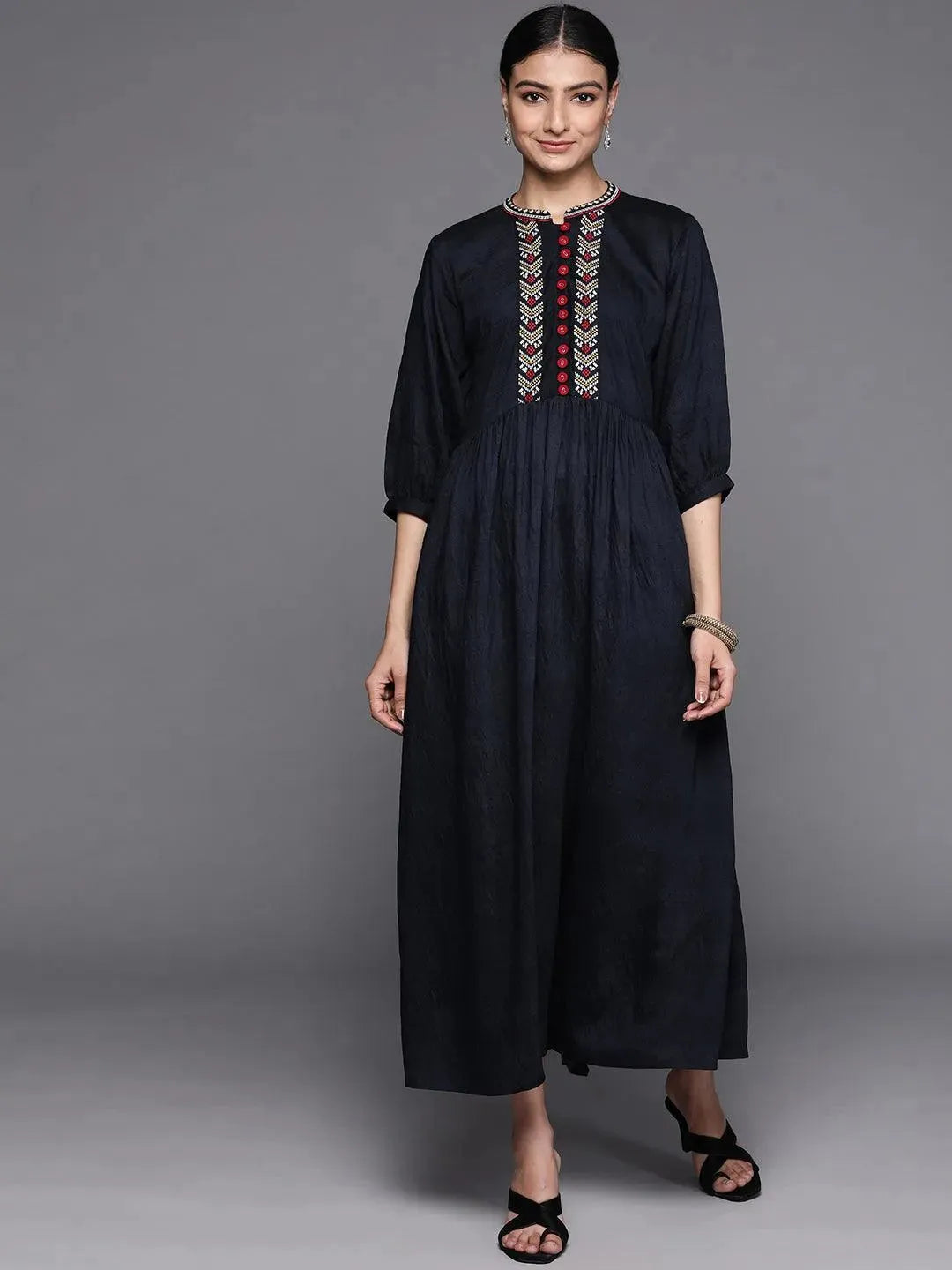 Navy Blue Embroidered Viscose Rayon Dress - Libas