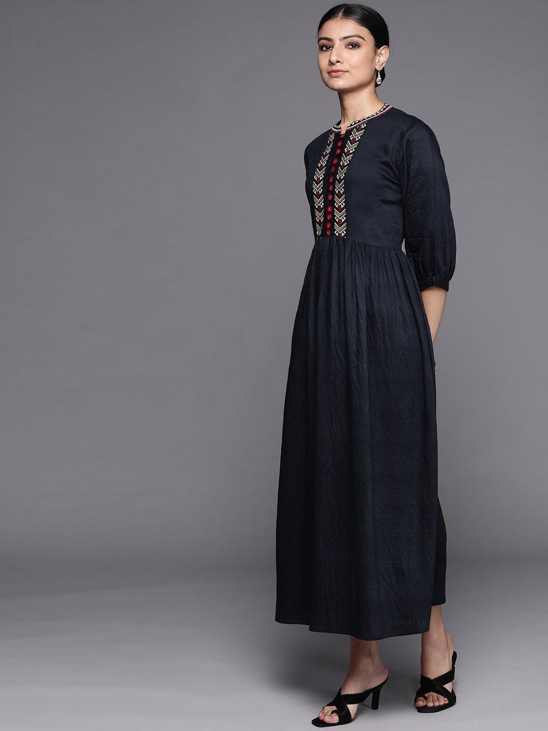 Navy Blue Embroidered Viscose Rayon Dress