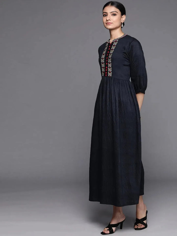 Navy Blue Embroidered Viscose Rayon Dress - Libas