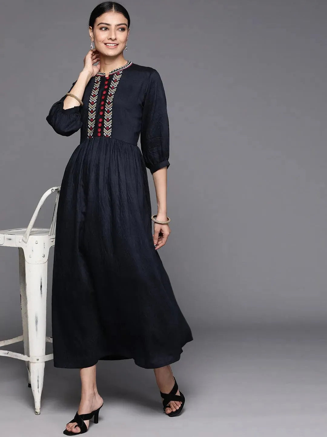 Navy Blue Embroidered Viscose Rayon Dress - Libas