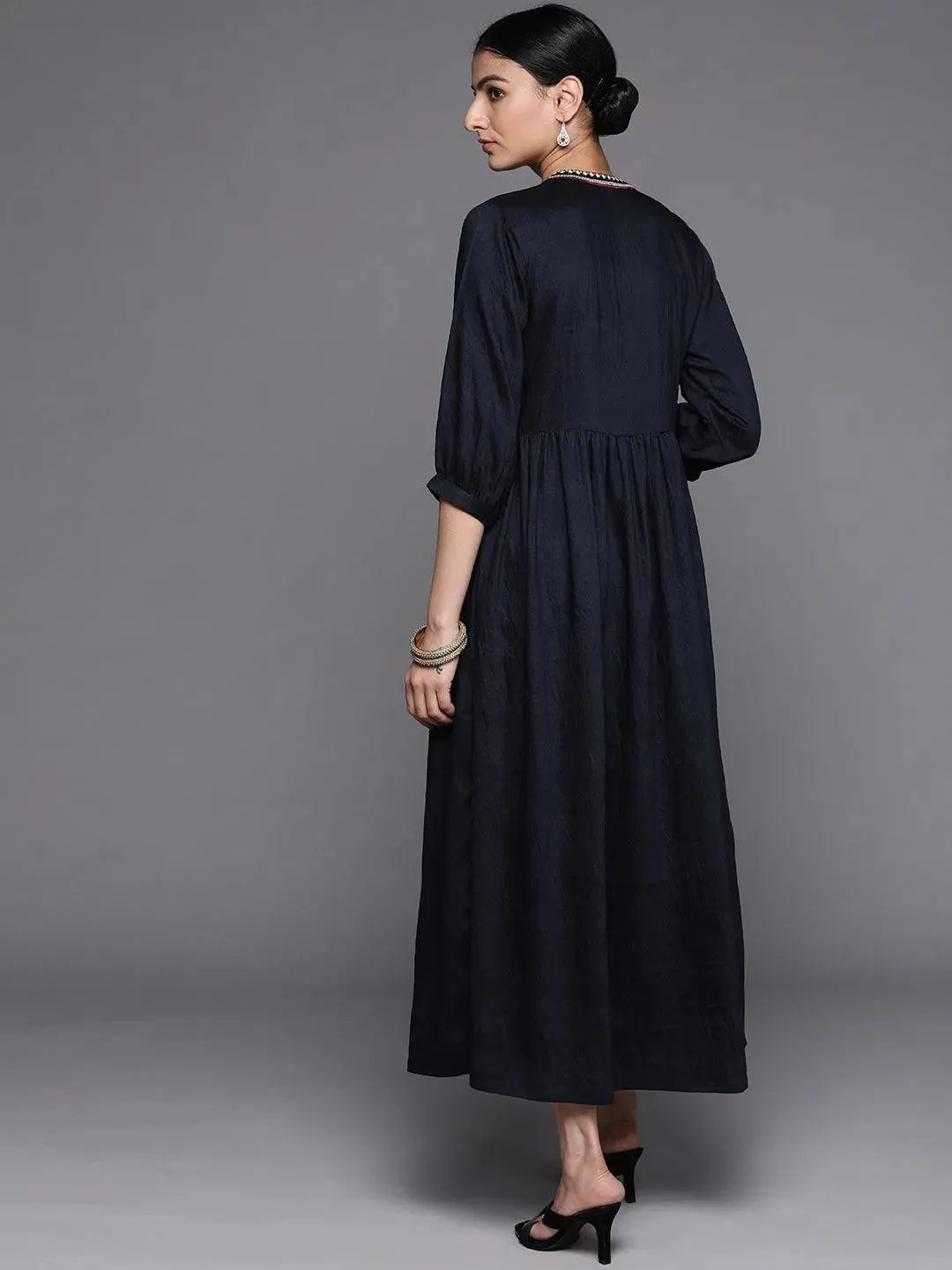 Navy Blue Embroidered Viscose Rayon Dress - Libas