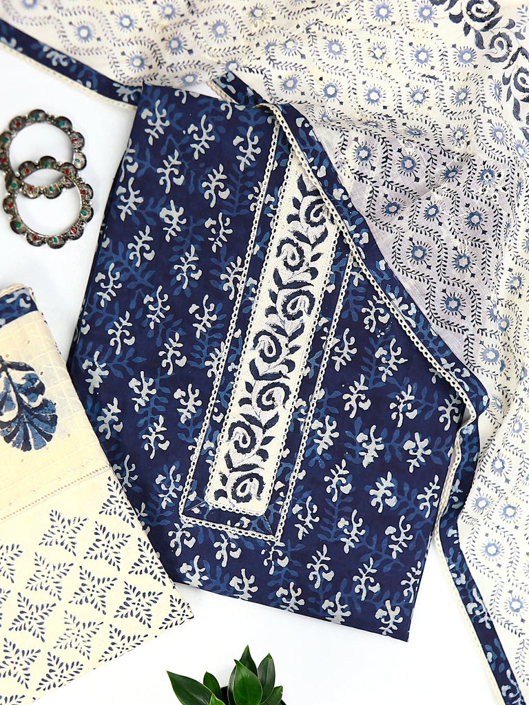 Libas Navy Blue Ethnic Motif Printed Cotton Dress Material With Dupatta