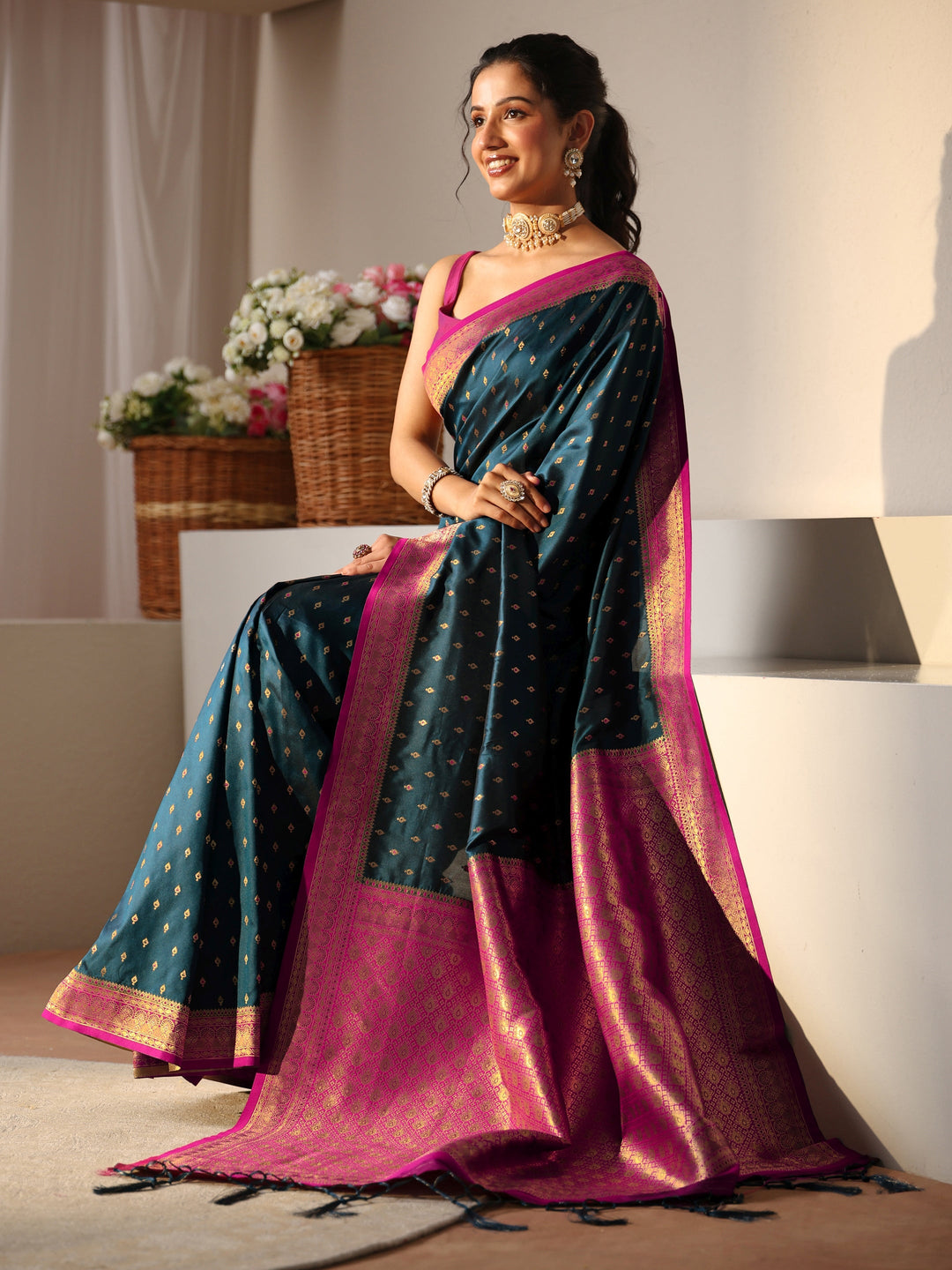 Navy Blue Ethnic Motif Self Design Silk Blend Saree