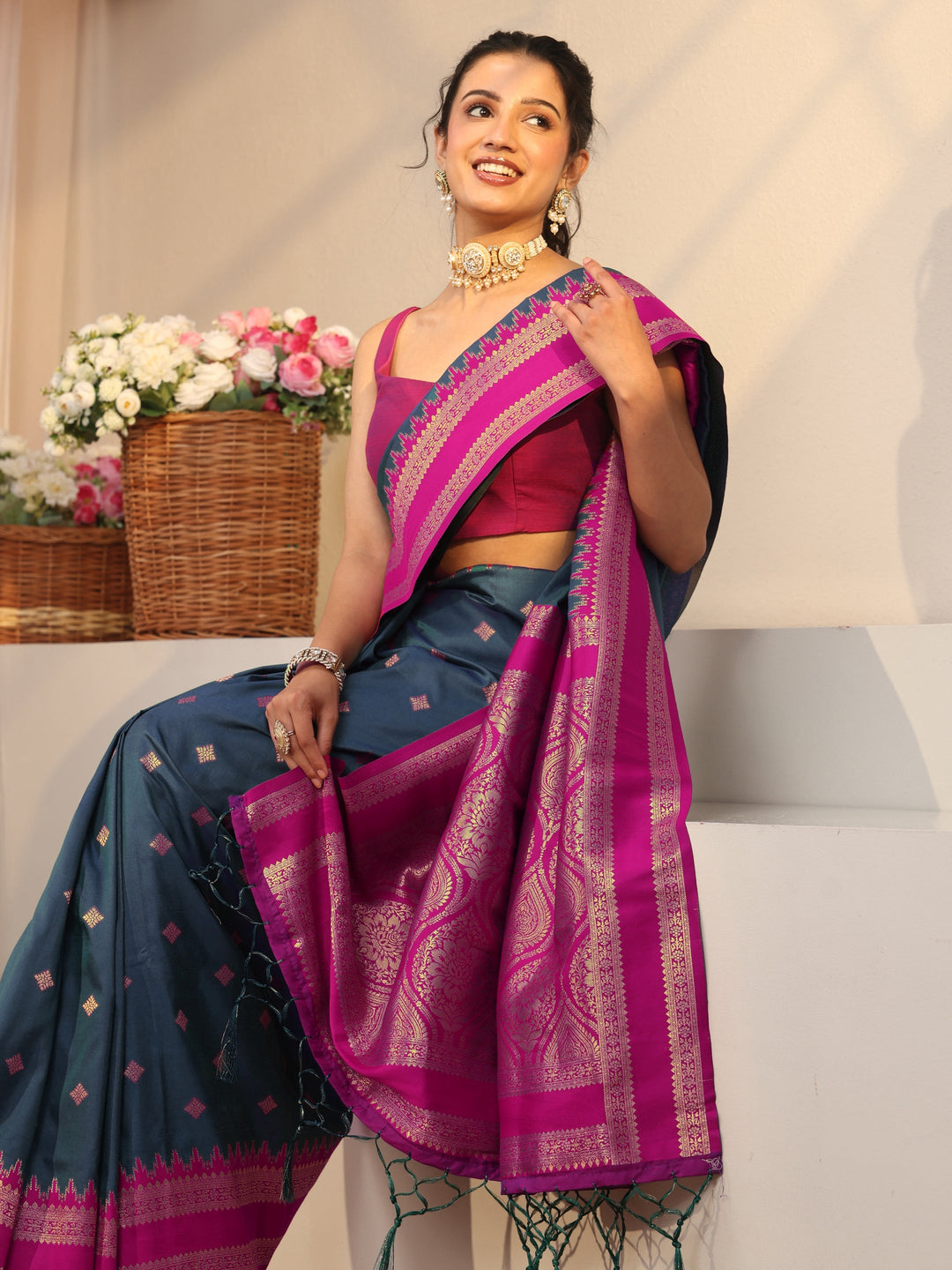 Navy Blue Ethnic Motif Self Design Silk Blend Saree