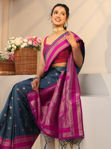 Navy Blue Kanjeevaram Silk Blend Saree