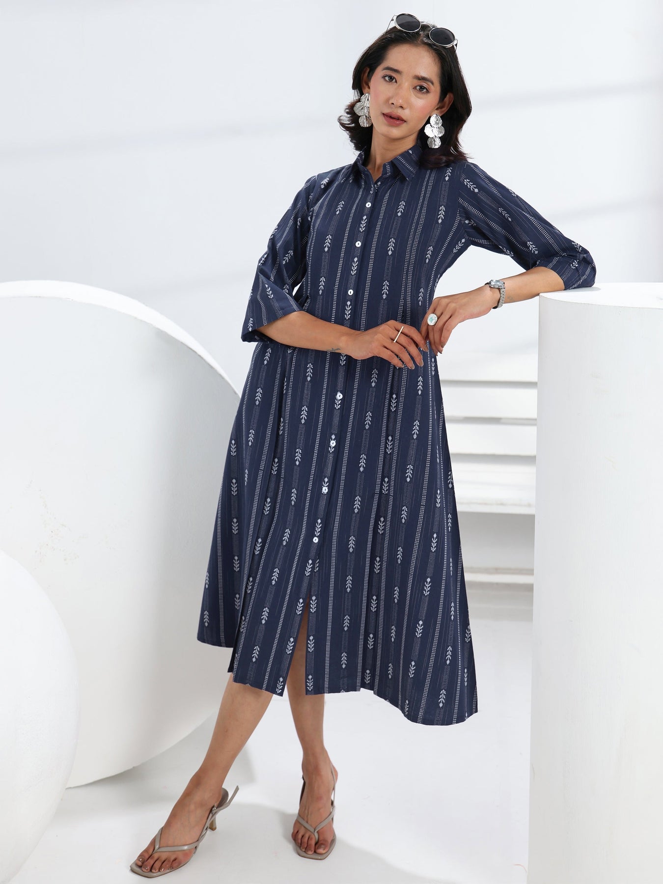 Buy Navy Blue Ethnic Motif Woven Design Cotton Blend A-Line One Piece Dress Online at Rs.1599 | Libas Buy Navy Blue Ethnic Motif Woven Design Cotton Blend A-Line One Piece Dress Online at Rs.1599 | Libas