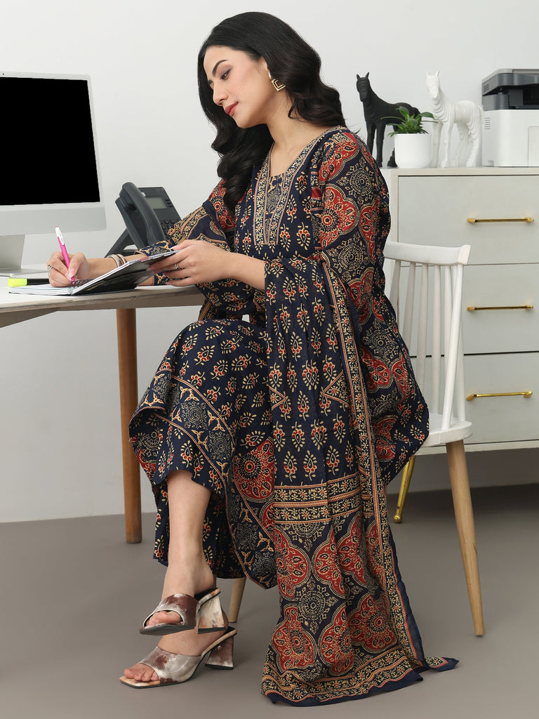 Gerua Navy Blue Ethnic Motifs Printed Cotton Blend A-Line Suit Set With Dupatta