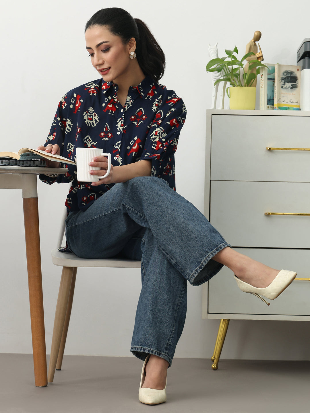Navy Blue Ethnic Motifs Printed Cotton Shirt