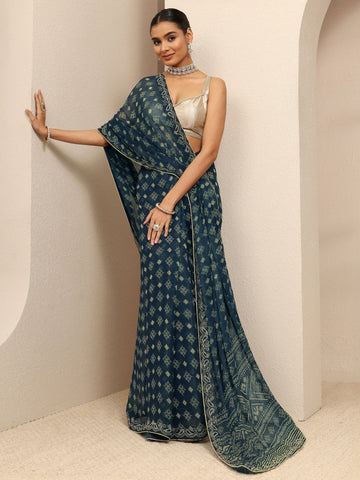 Navy Blue Ethnic Motifs Printed Silk Blend Saree With Unstitched Blouse Piece