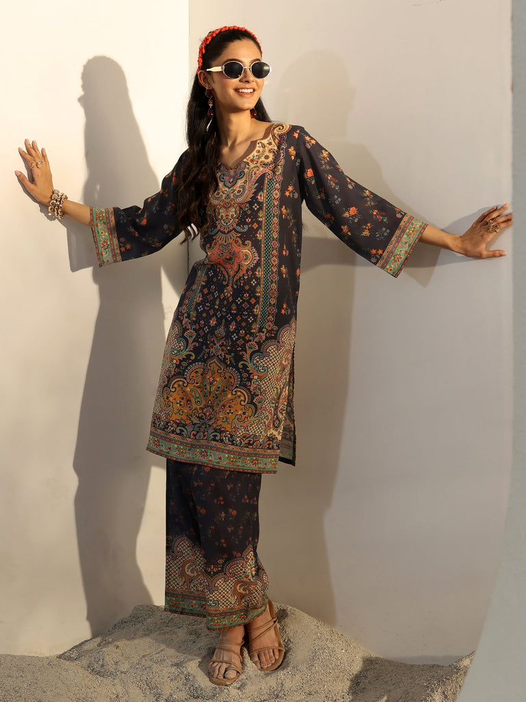 Libas Navy Blue Ethnic Printed Cotton Blend Co-Ord Set
