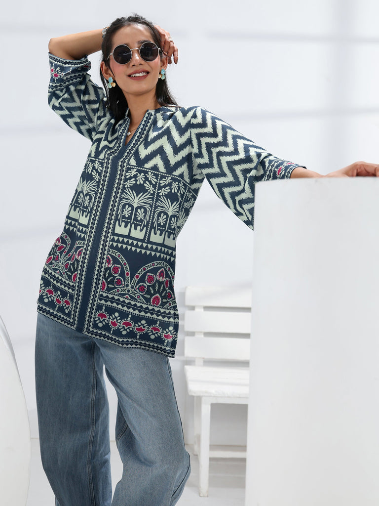 Libas Navy Blue Ethnic Printed Cotton Blend Straight Short Kurti