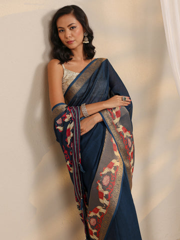Navy Blue Ethnic Printed Silk Blend Saree With Unstitched Blouse Piece