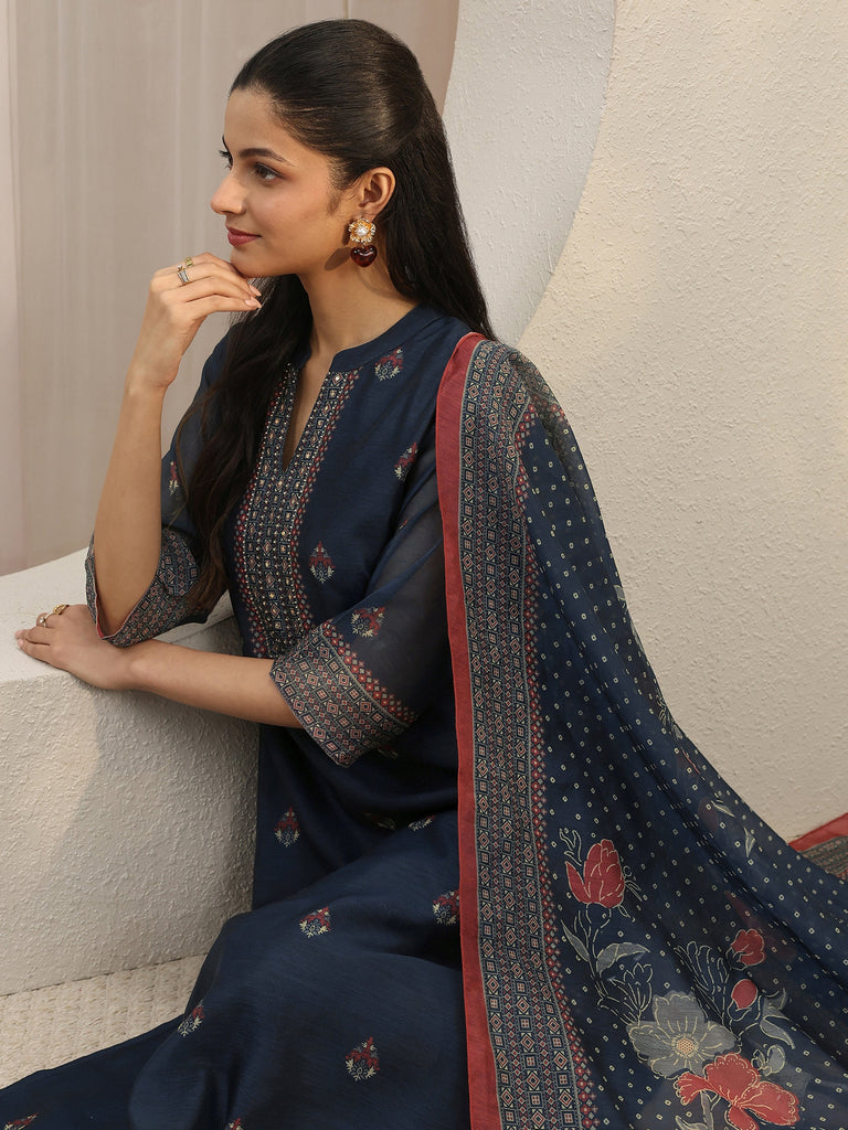 Libas Navy Blue Ethnic Printed Silk Blend Straight Suit Set
