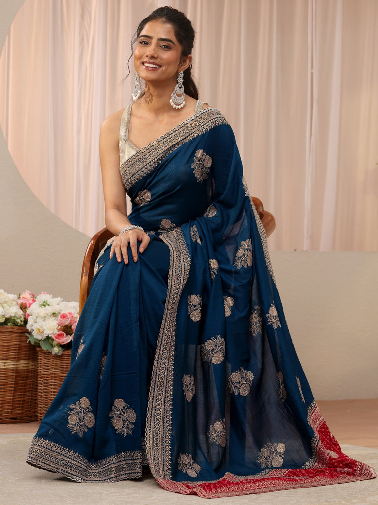 Libas Navy Blue Floral Embroidered Silk Blend Saree