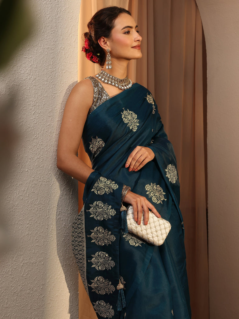 Libas Navy Blue Floral Embroidered Silk Blend Saree With Unstitched Blouse Piece