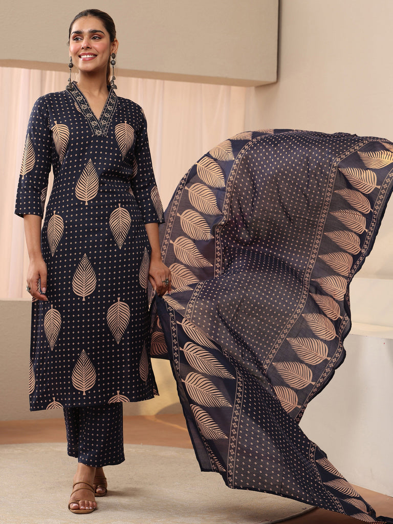 Gerua Navy Blue Floral Printed Cotton Blend Straight Suit Set