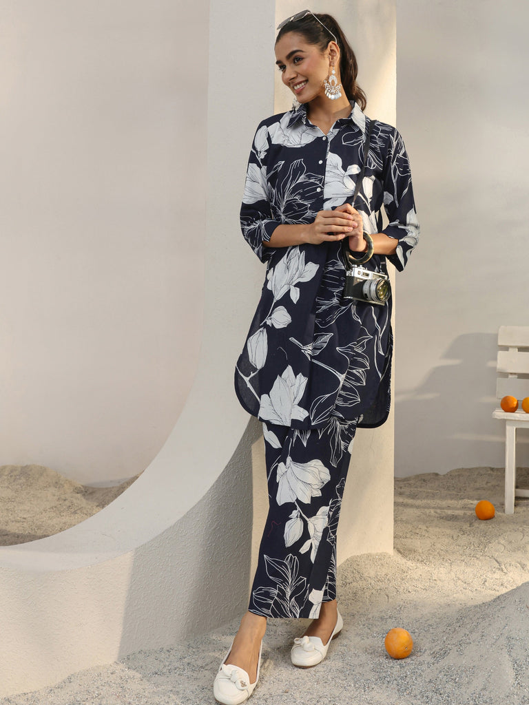 Libas Navy Blue Floral Printed Cotton Co-Ord Set