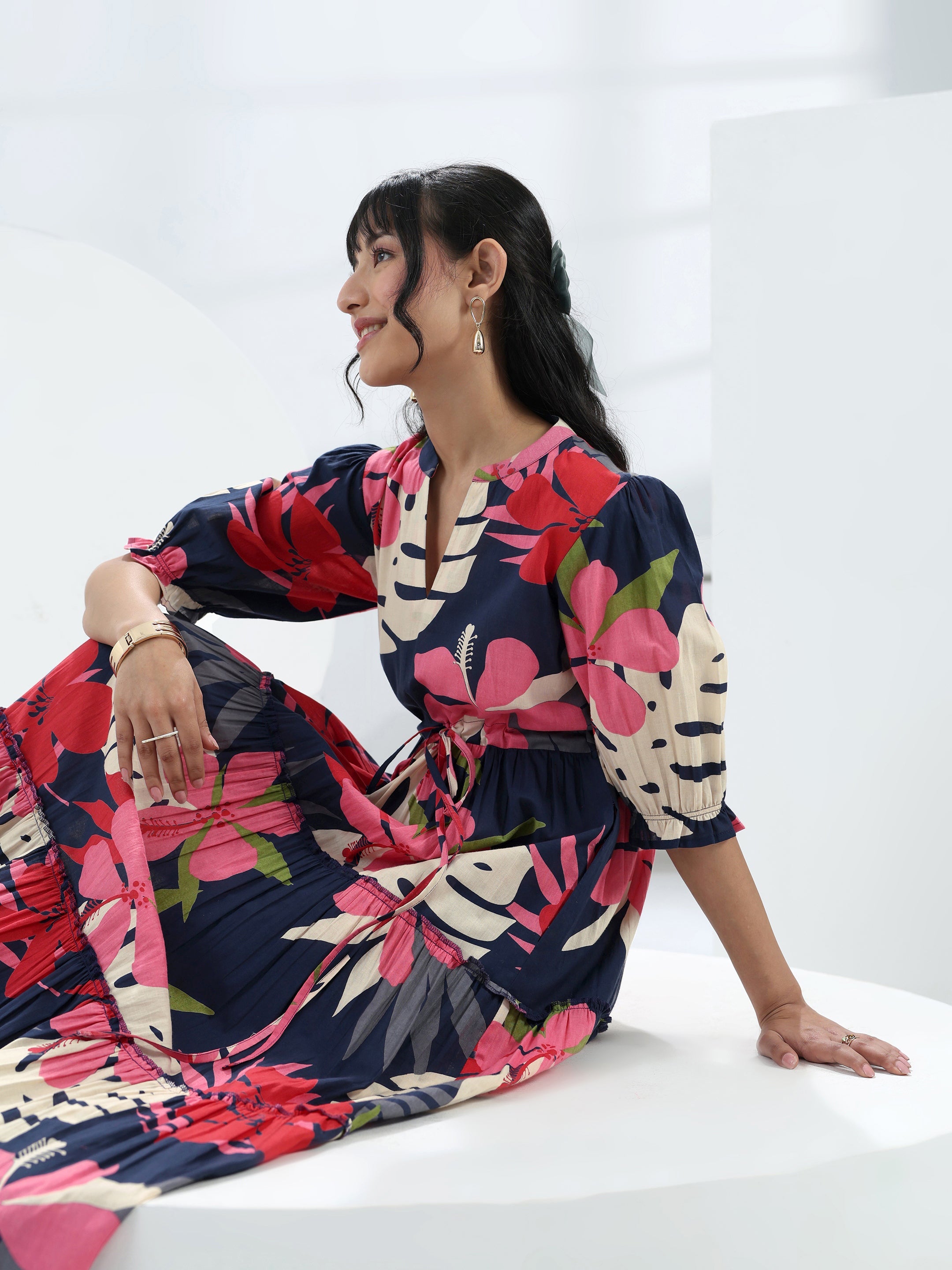 libas Navy Blue Floral Printed Cotton One-Piece Tiered Dress-picture-54