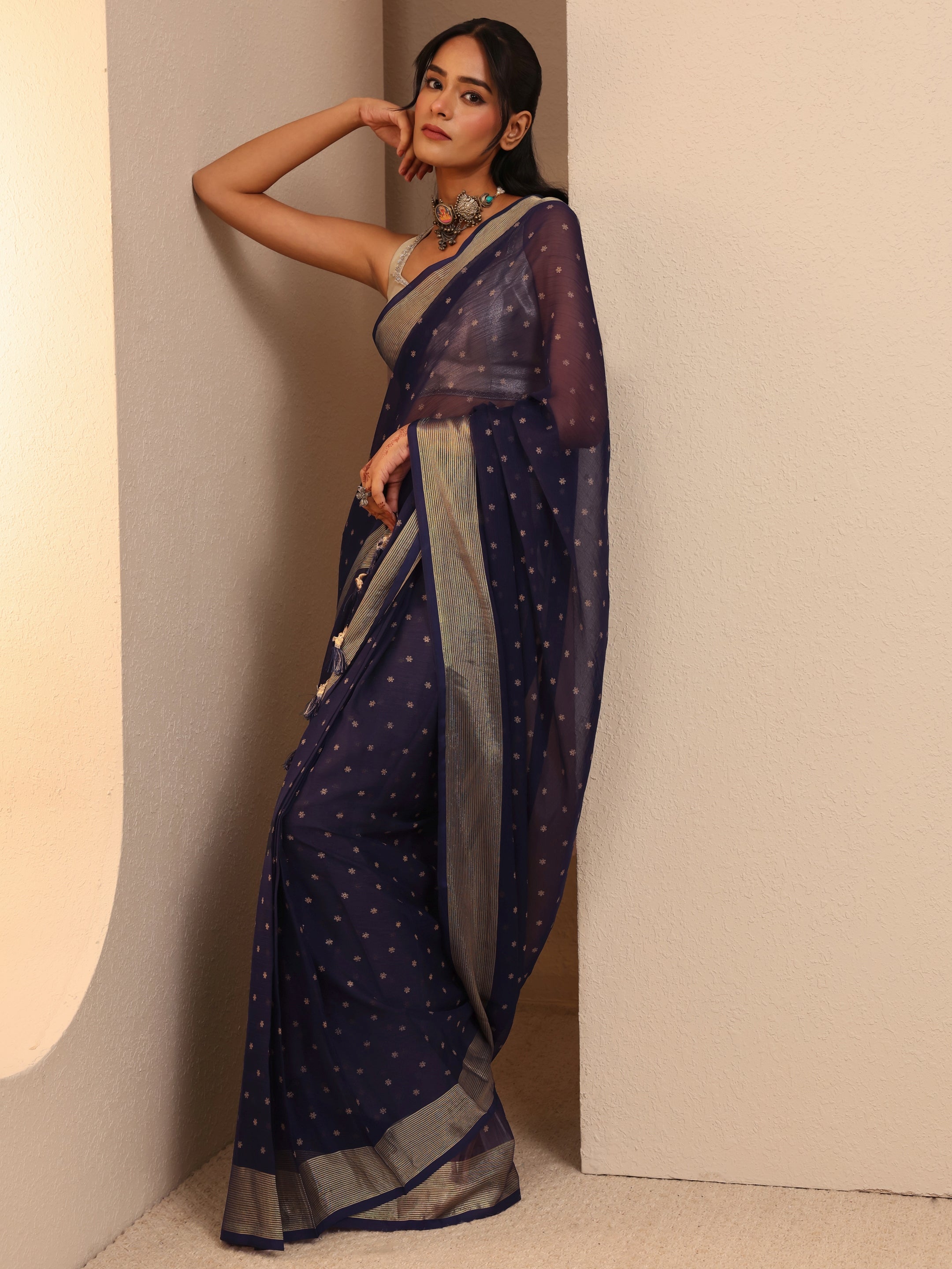 Libas Navy Blue Floral Printed Georgette Pre-Draped Saree-picture-22