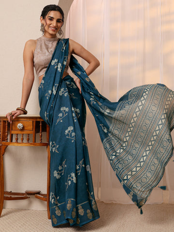 Navy Blue Floral Printed Silk Blend Saree With Unstitched Blouse Piece