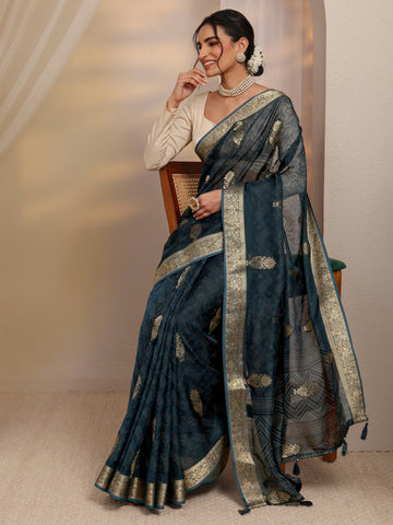 Navy Blue Floral Woven Design Silk Blend Saree With Unstitched Blouse Piece