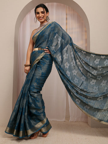 Navy Blue Floral Woven Design Silk Blend Saree With Unstitched Blouse Piece