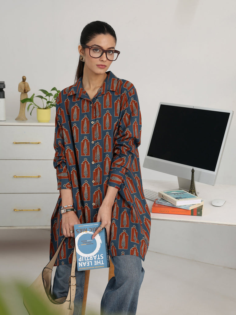 Gerua Navy Blue Geometric Printed Cotton Blend Shirt