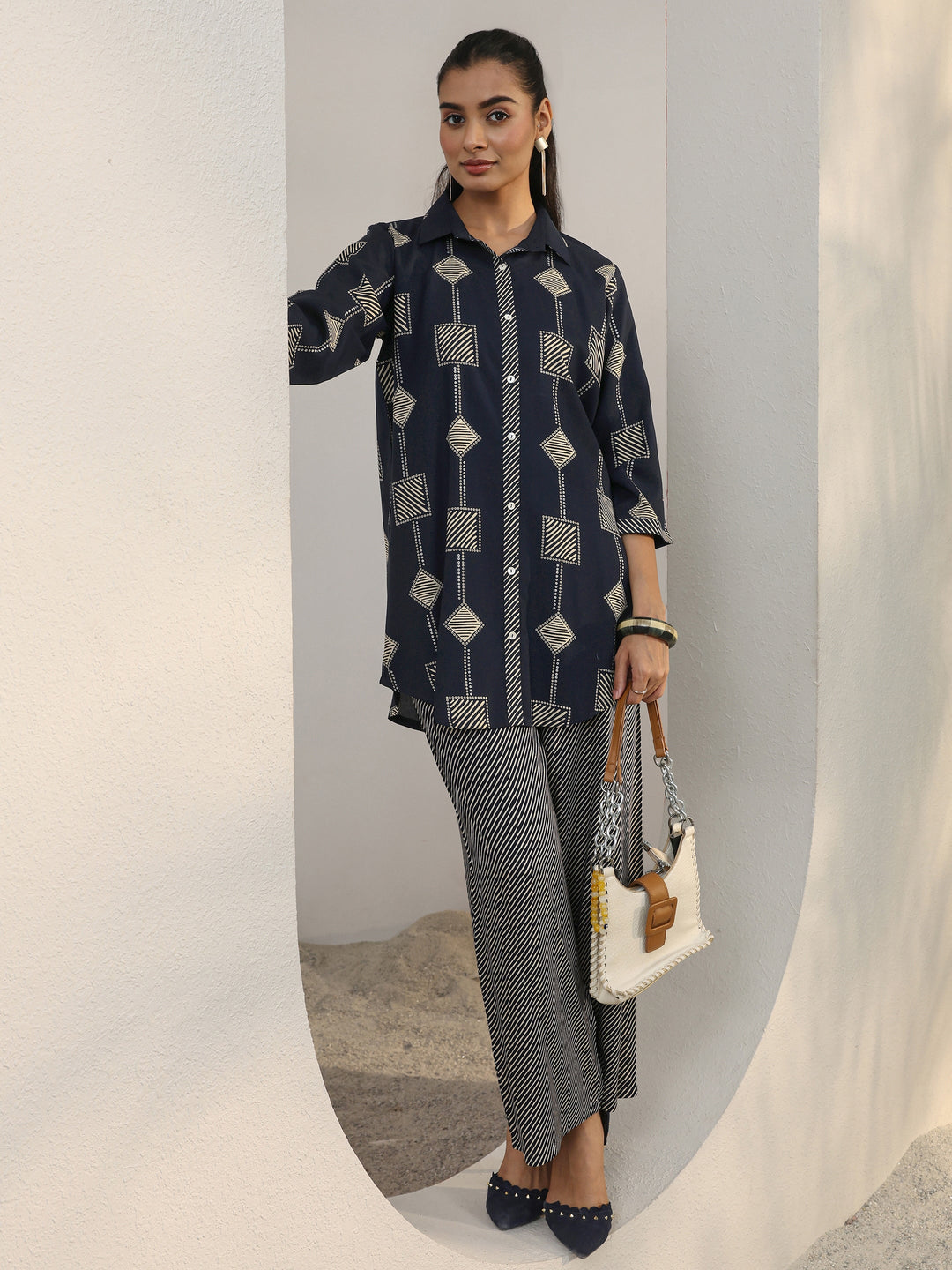  Navy Blue Geometric Printed Rayon Co-Ord Set 