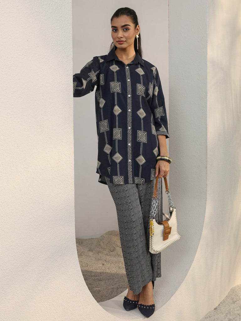 Libas Navy Blue Geometric Printed Rayon Co-Ord Set