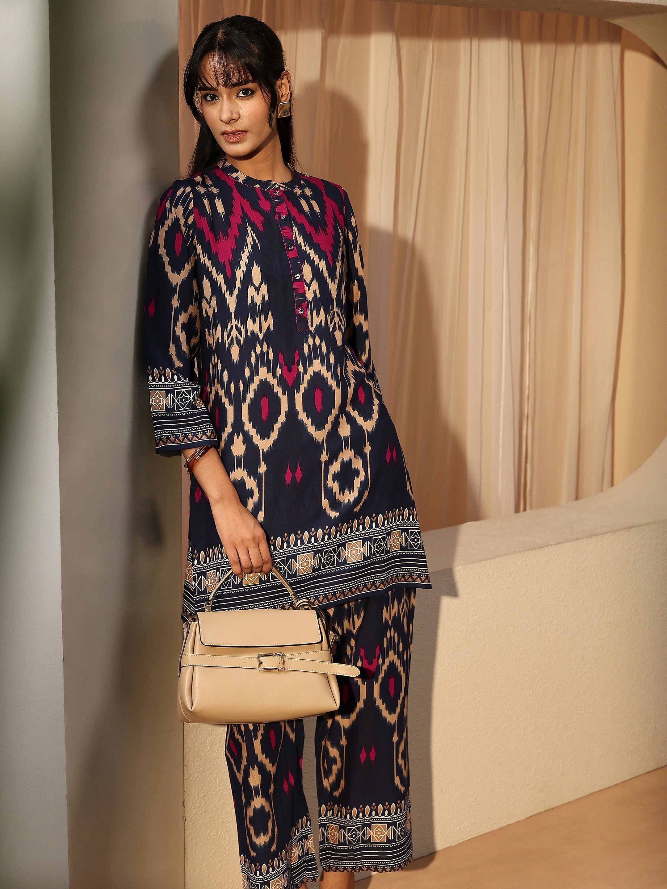 Navy Blue Ikat Printed Rayon Co-Ord Set-image-3