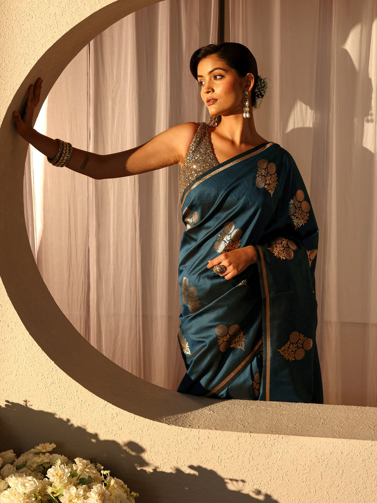 Libas Navy Blue Kanjeevaram Silk Blend Saree