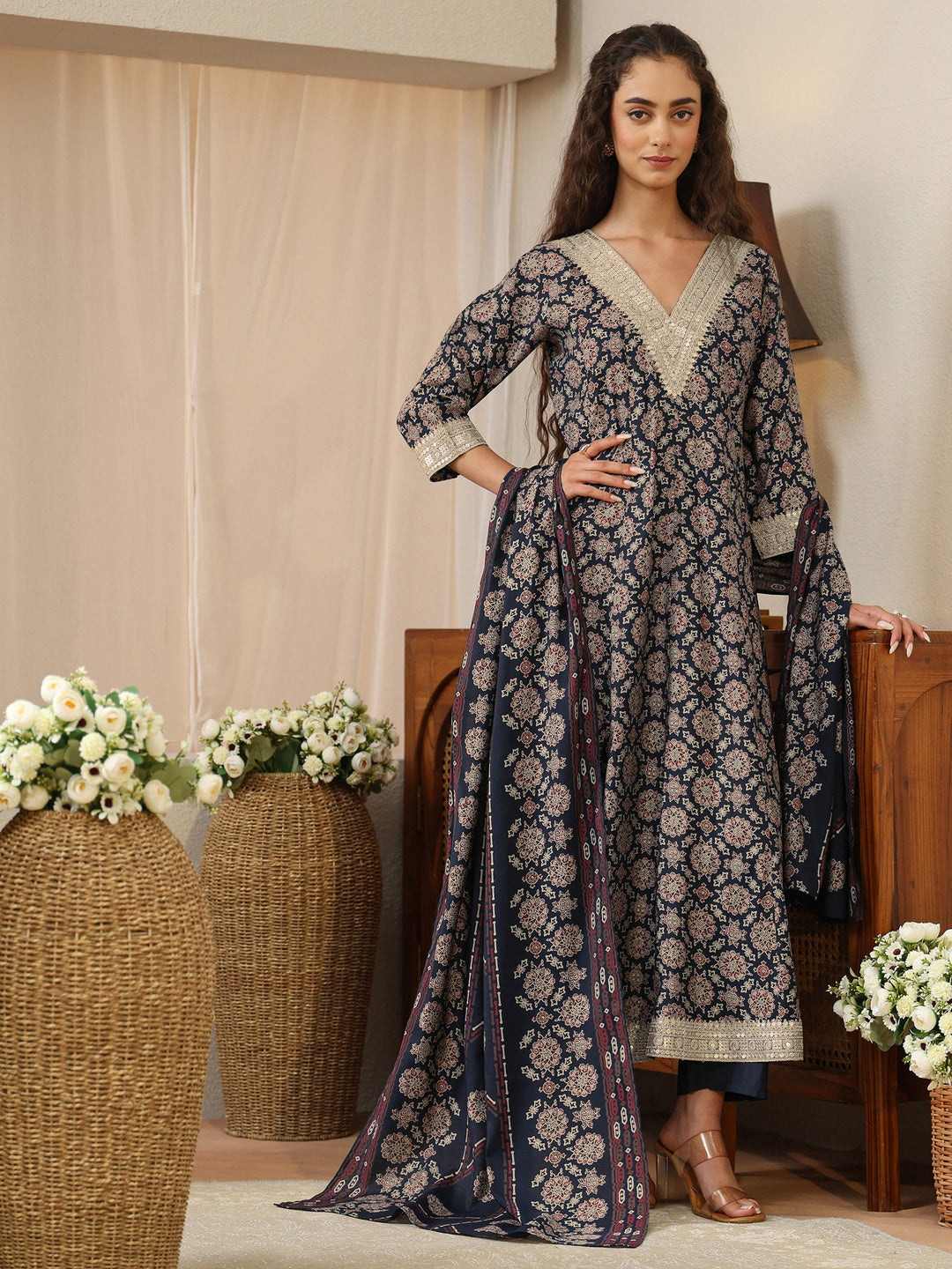  Navy Blue Mandala Print Silk Blend Anarkali Suit Set 