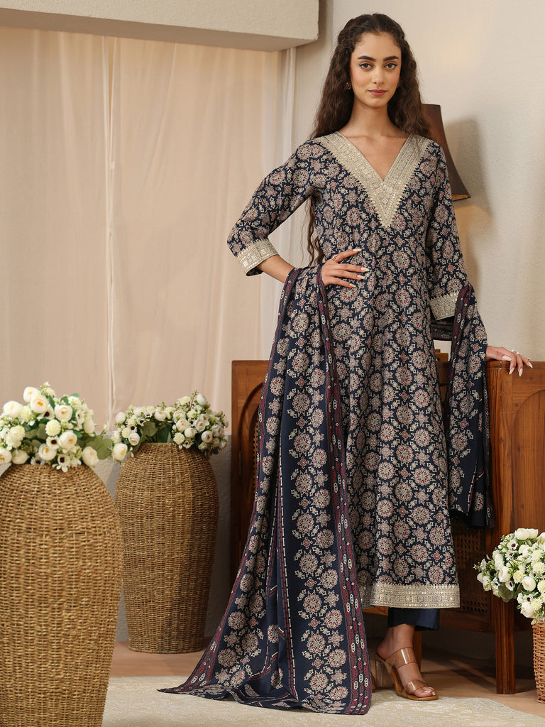 Libas Navy Blue Mandala Print Silk Blend Anarkali Suit Set