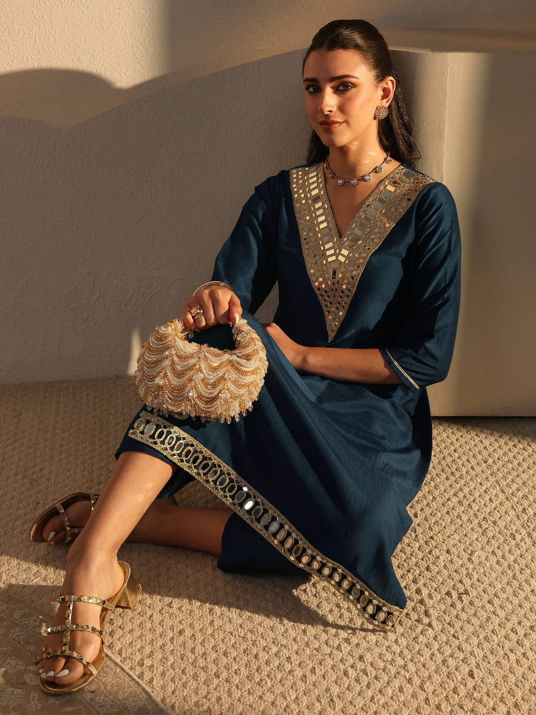  Navy Blue Mirror Work Yoke Design Silk Blend Straight Kurta Set 
