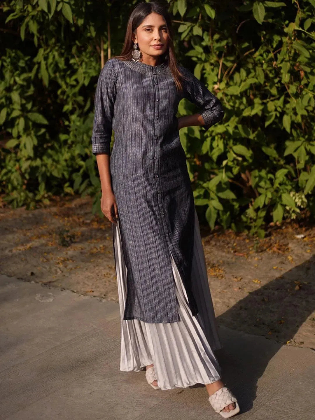 Navy Blue Printed Chanderi Silk Kurta - Libas