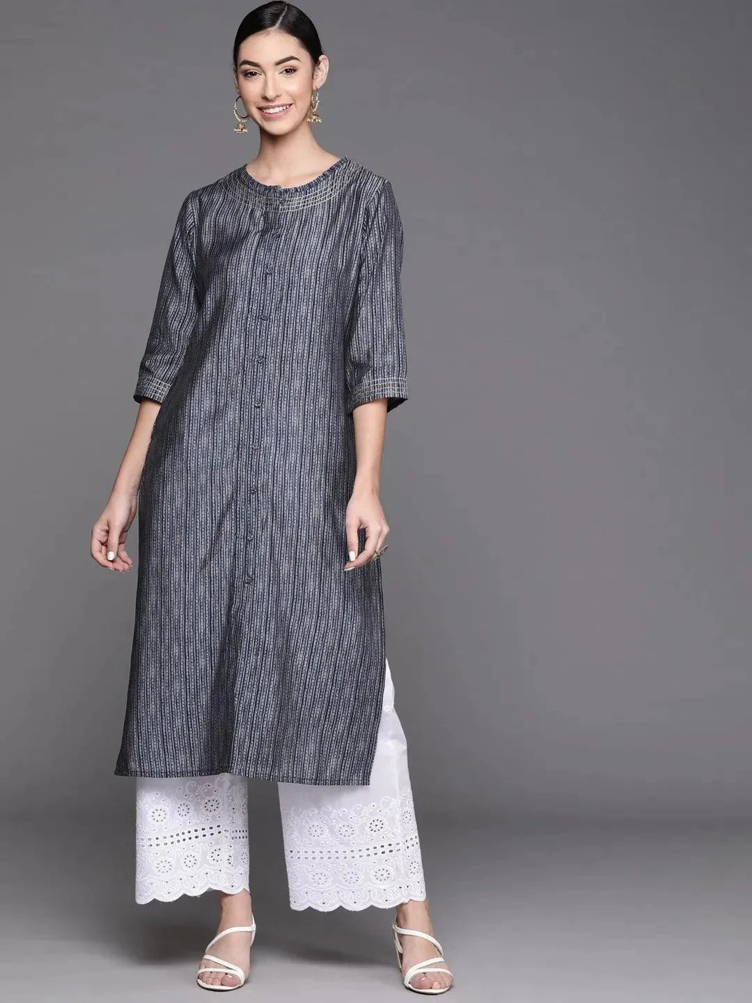 Navy Blue Printed Chanderi Silk Kurta - Libas