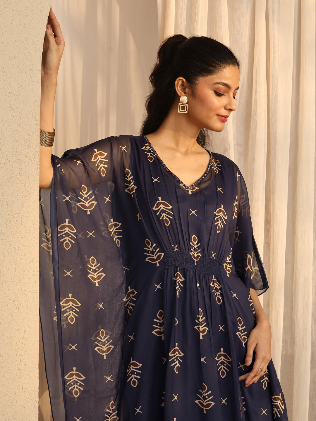 Navy blue Printed Chiffon A-Line Kurta Set