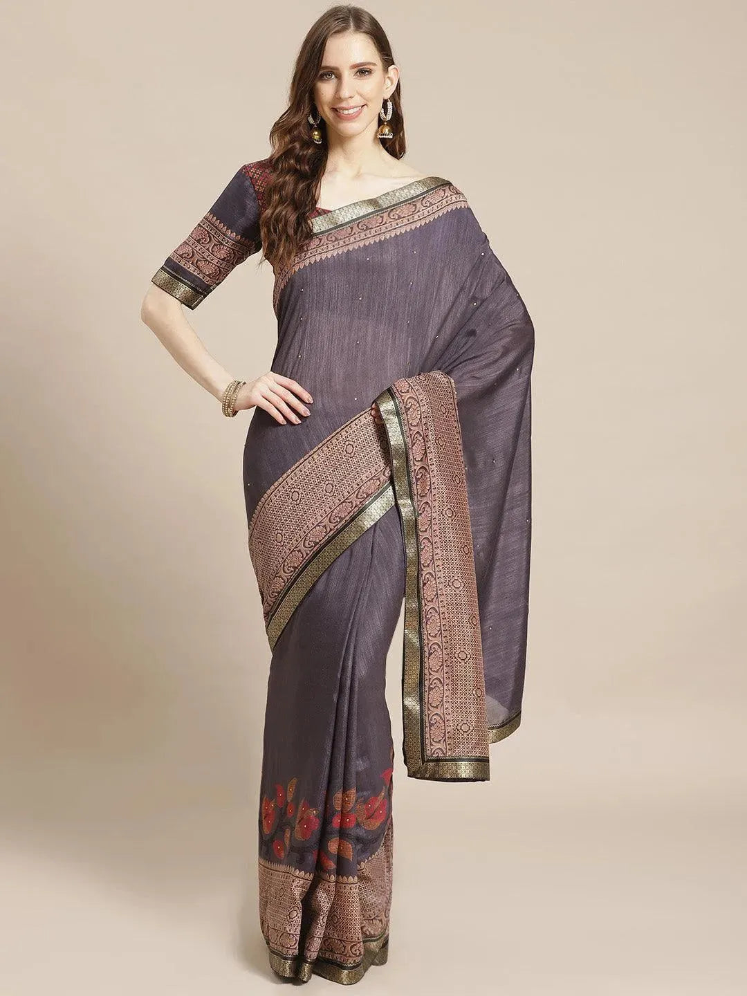 Navy Blue Printed Chiffon Saree - Libas