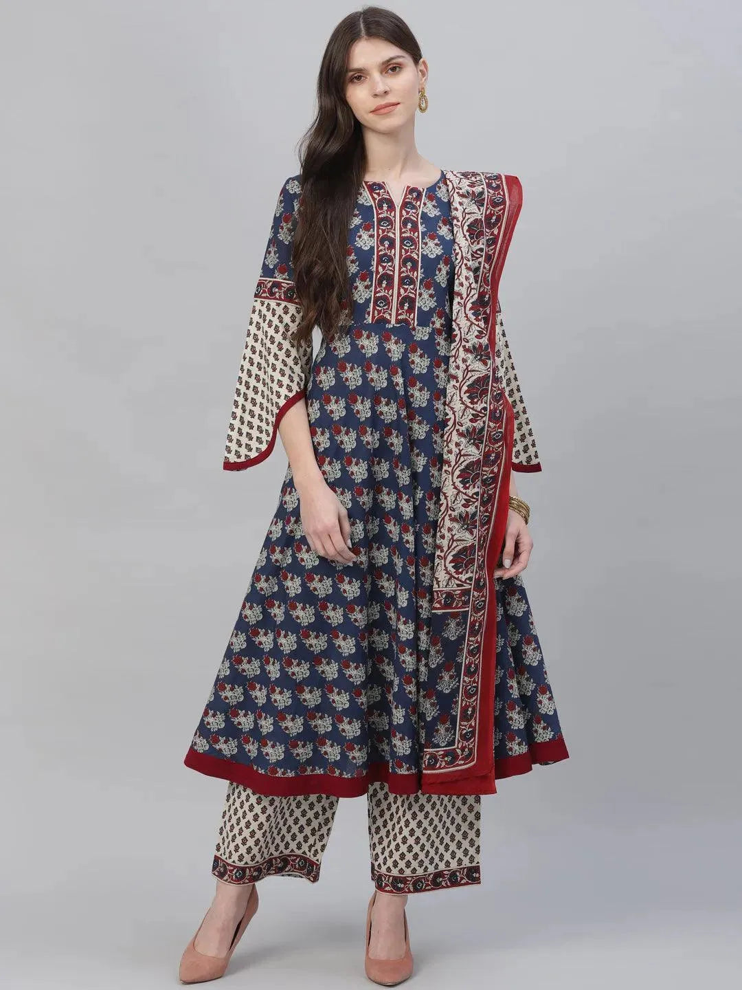 Navy Blue Printed Cotton Anarkali Kurta With Palazzos & Dupatta