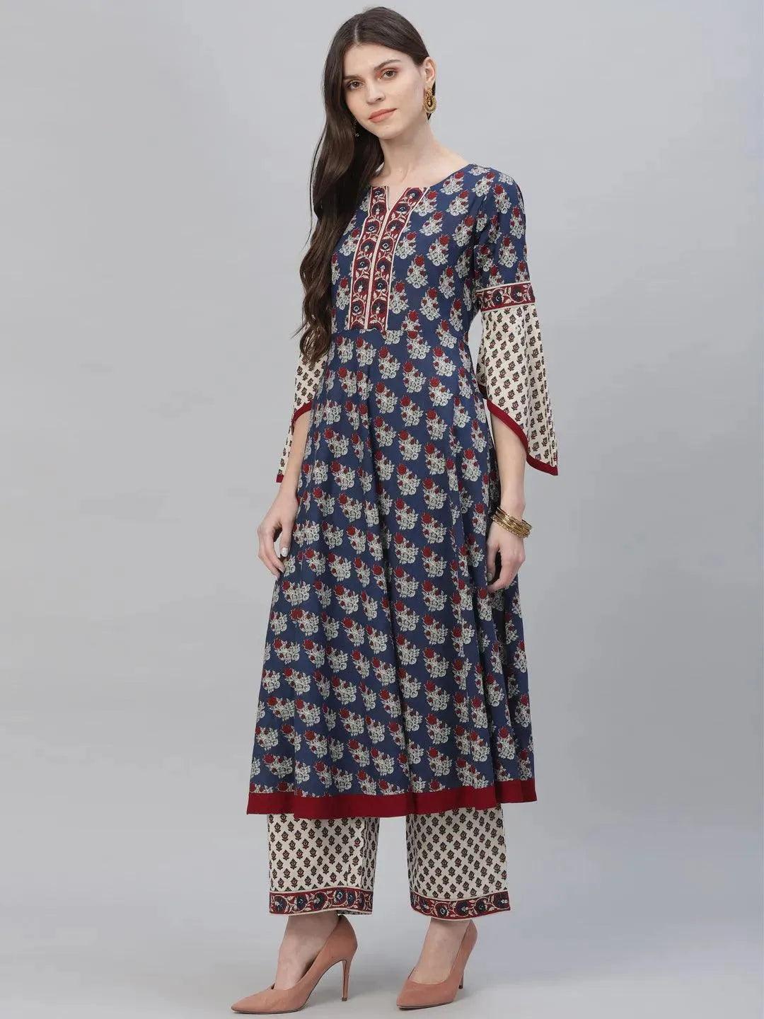 Navy Blue Printed Cotton Suit Set - Libas